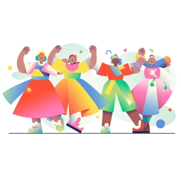 A group of dancers is depicted in a vibrant scene filled with a variety of colors and patterns. Each dancer is wearing a unique costume that incorporates bright hues, including reds, yellows, blues, and greens. They are mid-movement, with arms raised and legs in dynamic poses, expressing joy and energy. The background features a series of abstract shapes and flowing lines, adding to the sense of celebration. The dancers are positioned in a circular formation, enhancing the feeling of togetherness and festivity.