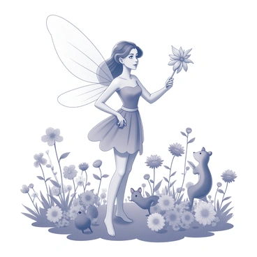 A flower fairy stands gracefully among a lush garden filled with various flowers. She has delicate wings that resemble translucent petals. In her right hand, she holds a floral wand adorned with vibrant blooms. Her left arm is raised, as if she is conducting an unseen orchestra. Surrounding her, the flowers sway gently in the breeze, and small animals gather to listen. The scene captures the essence of nature in harmony, with the fairy at the center, bringing life to the symphony of sounds around her.