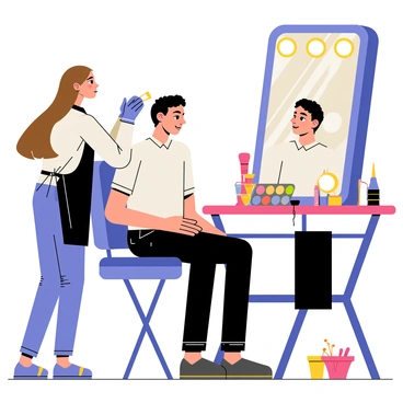 A makeup artist with long brown hair, wearing a black apron and gloves, is applying makeup to an actor sitting in a high chair on a movie set. The actor has short dark hair and is wearing a white shirt. A large mirror with bright lights surrounds them, reflecting their faces. Various makeup products, including colorful palettes and brushes, are spread out on a nearby table. The backdrop shows a colorful movie set with props and equipment.