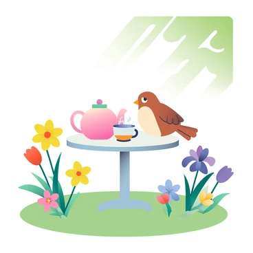 A peep having tea in a garden surrounded by blooming flowers