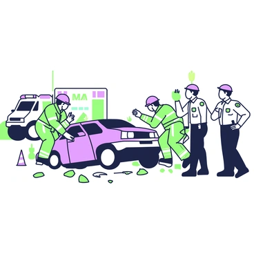 A scene depicting firefighters and police working together at a car accident site. In the center, a damaged vehicle is overturned, with broken glass scattered around. On one side, two firefighters in uniforms are assessing the situation, one is holding a hydraulic rescue tool and the other is speaking into a radio. On the opposite side, two police officers are directing traffic, ensuring safety for onlookers, one signaling with a bright baton. In the background, an ambulance with its doors open is parked, and paramedics are preparing to assist. Emergency cones are placed around the area, and a crowd of onlookers is kept at a distance.