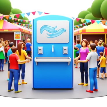 A portable handwashing station with a bright blue exterior is positioned prominently at a busy street festival. The station features a sink with running water and soap dispensers on either side. Colorful festival banners and decorations surround the station, adding to the lively atmosphere. A diverse group of people is gathered around, including families and friends, some waiting in line while others are actively washing their hands. The sun is shining, and food vendors are visible in the background, enhancing the festive environment.