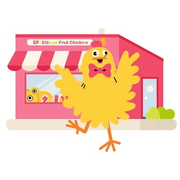 A cartoon chicken mascot with fluffy yellow feathers and a big red bow tie is dancing joyfully in front of a KFC restaurant. The chicken has large, expressive eyes and a wide smile, with one wing raised in the air as if celebrating. The KFC restaurant features a bright red exterior with white accents and a prominent "KFC" logo on the front. The ground is made of light gray pavement, and there are a few green shrubs near the entrance, adding a touch of nature to the scene. A colorful banner with the words "Delicious Fried Chicken" hangs above the door.