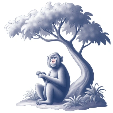 A mandrill sitting in a relaxed posture beneath a large, leafy tree. The tree features an extensive canopy with thick branches and numerous broad leaves. The surrounding environment consists of dense jungle foliage, with various plants and vines creating a rich texture. The mandrill has distinct facial features, showcasing its colorful muzzle and expressive eyes. Sunlight filters through the leaves, creating dappled shadows on the jungle floor around the mandrill.