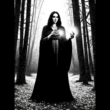 A sorceress stands in a lush forest, surrounded by tall trees and thick foliage. She has long flowing hair and wears a flowing robe adorned with intricate patterns. Her face is focused and determined as she holds several glowing cards in her hands, each card radiating light. The cards are surrounded by a faint aura, enhancing their magical appearance. The forest floor is covered in a mix of leaves and small flowers, creating a natural tapestry around her. Sunlight filters through the branches, casting dappled light on her figure, highlighting the magical atmosphere of the scene.