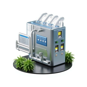A futuristic machine designed to capture carbon emissions, featuring sleek metallic surfaces with blue and silver accents. The machine has numerous intricate tubes and pipes that weave around it, visibly drawing in air through an advanced filtration system. There are glowing indicators and digital displays showing various metrics related to air purification. Surrounding the machine are green plants that thrive in an environment of clean air, illustrating the positive impact of the technology. A bright, clear sky can be seen in the background, reinforcing the theme of environmental restoration.