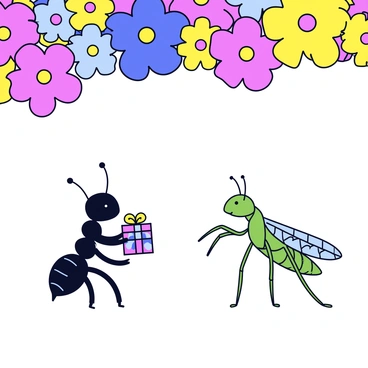 An ant is standing on its hind legs, holding a small, shiny gift box wrapped in colorful paper. The ant has a small, rounded body with a shiny black exoskeleton and short antennae. In front of the ant, a grasshopper is looking up with its long hind legs bent, poised in curiosity. The grasshopper has a green body with textured wings folded against its back. Above them, a vibrant canopy of blooming flowers provides a colorful background, with bright petals in shades of pink, yellow, and blue overlapping in a cheerful arrangement. The scene captures the moment of exchange between the ant and the grasshopper, framed by the lively flowers.