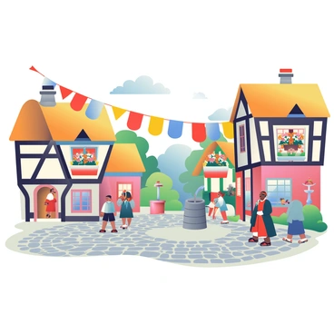 A quaint medieval village is depicted with cobblestone streets winding through the scene. Colorful banners in shades of red, blue, and yellow are strung between the timber-framed houses, which feature thatched roofs and flower boxes filled with blooming flowers. Villagers dressed in traditional attire are strolling along the streets, engaging in conversation. In the background, a stone well stands near a small fountain, surrounded by lush greenery. The sky is clear with a few fluffy clouds drifting by.