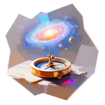 An ancient compass sits on a wooden surface, its brass casing slightly tarnished with age. The needle is delicately crafted and is pointed toward a distant spiral galaxy, which is vividly depicted in the background, showcasing swirling blue and white colors. The compass face features intricate engravings and markings, with faint shadows indicating the cardinal directions. The scene is illuminated by a soft, ethereal light that enhances the contrast between the compass and the galaxy above, creating a sense of wonder and exploration.