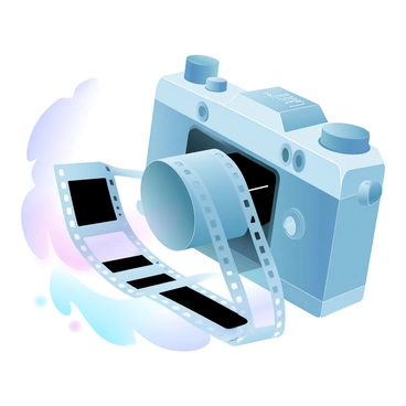 A close-up of a film strip with negatives rolling out of a vintage film camera. The film strip shows a sequence of black and white images along its length. The film camera is positioned at an angle, with the lens facing the viewer, and intricate details of its body are visible, including dials and buttons. The background features soft gradient pastel colors that enhance the nostalgic ambiance of the scene. The film strip cascades down, creating a dynamic flow that contrasts with the camera's structure.