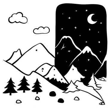 A mountain scene with one side in daytime and the other in nighttime