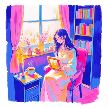 A woman is sitting alone in a cozy candlelit room. She has long dark hair and is wearing a soft, flowing dress. The flickering candlelight casts gentle shadows on the walls. In her hands, she holds an old photo frame that features a faded picture. Her expression shows deep contemplation as she listens closely. Surrounding her are shelves filled with books and a small table with a steaming mug. The atmosphere is warm and inviting.