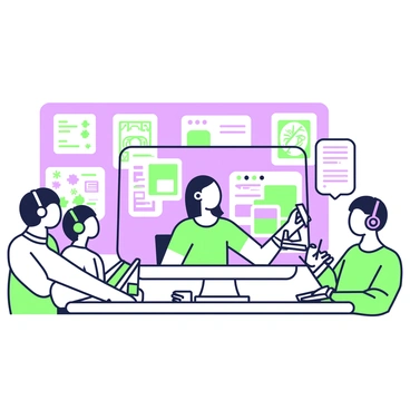 A virtual classroom setting is displayed on a computer screen. In the center, a teacher with shoulder-length hair is visible, speaking to the camera while sitting in a modern chair. The computer screen shows various digital illustration tools and a colorful digital canvas. Surrounding the teacher, there are several students, each engaged with their own devices, wearing headphones. One student has a sketchbook in front of them, another is using a graphics tablet, and a third is taking notes on a notebook. The background features posters of famous artworks and digital designs.