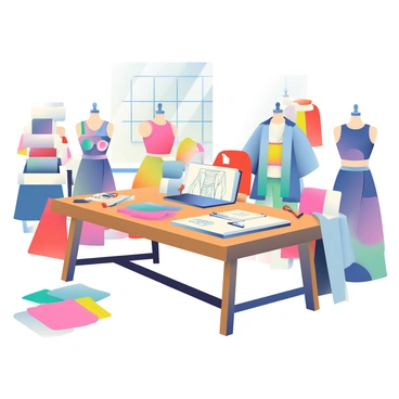 A spacious fashion designer's atelier is filled with various fabric swatches in a rainbow of colors, including vibrant reds, calming blues, and soft pastels. There are sewing tools scattered across a large wooden table, including scissors, measuring tapes, and pins. An open sketchbook lies on the table, displaying intricate designs. Mannequins dressed in partially completed garments are positioned around the room, each showcasing different styles and fabrics. Rolls of fabric are stacked neatly against one wall, while a window allows natural light to illuminate the creative chaos inside the atelier.