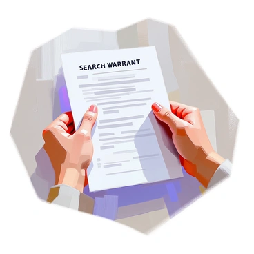 A close-up of a hand holding a search warrant, which is printed on a white piece of paper. The hand is positioned in a firm grip, showcasing details such as the skin texture and fingernails. Behind the search warrant, there is a faint watermark that reads "4th Amendment," appearing as a light shadow that does not distract from the main focus. The background is neutral to emphasize the document and the hand.