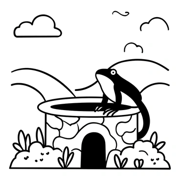 A frog with smooth skin and prominent eyes is perched at the edge of a well, its body slightly leaning forward. The well's stone structure is visible, featuring rough textures and intricate patterns. Above the frog, a clear sky spans across, with fluffy cloud shapes scattered throughout. Surrounding the well, there are dense patches of grass and small wildflowers. In the distance, rolling hills create a sense of depth in the landscape, emphasizing the vast world beyond the well.