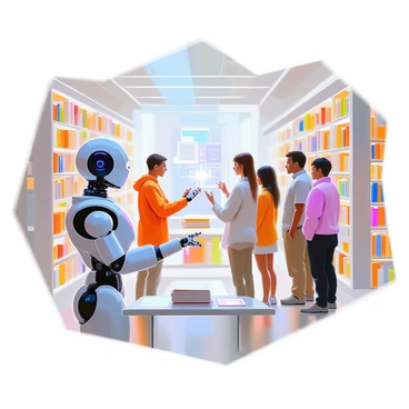 A modern library filled with shelves of holographic books that emit a soft glow. In the foreground, a robot librarian with a sleek design is assisting a group of visitors. The robot has a friendly face, with bright LED eyes that display various emotions. The visitors, a diverse group of men and women, are engaged with the holographic books floating in mid-air, reaching out to interact with them. The library is spacious, with large windows allowing natural light to pour in, illuminating the scene.