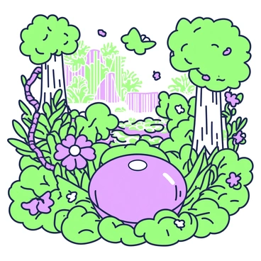 A lush rainforest scene filled with dense greenery and various plants. In the center of the scene, there is a prominent "belly button" surrounded by colorful flowers and large leaves. To the left, a cluster of ferns grows, while a vine with purple blooms curls around a nearby tree trunk. Above, the tree canopy is dense, allowing only small patches of sunlight to filter through. In the background, a waterfall cascades down rocks, creating a small pond filled with lily pads. Several butterflies flutter around, adding movement to the vibrant ecosystem.