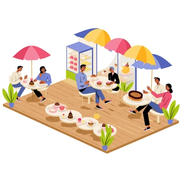 An outdoor cake shop patio featuring a wooden deck with several round tables. Colorful umbrellas of red, blue, and yellow provide shade over the tables. Groups of people are seated, smiling and enjoying various desserts, including a large chocolate cake on one table and a selection of cupcakes on another. A display case with an assortment of pastries is visible in the background. Potted plants with green foliage decorate the patio, adding to the lively atmosphere.