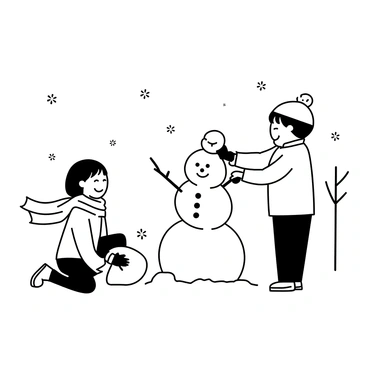 Two children are in a snowy backyard, engaged in building a snowman. One child is wearing a bright scarf and a matching hat, kneeling down to roll a large snowball. The other child is standing beside the snowman, holding a smaller snowball ready to place on top. The snowman is already partially constructed, with a round body and a head, and it has a pair of stick arms. There are snow-covered trees in the background, and snowflakes are gently falling around them.