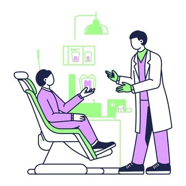A patient is sitting in a dental chair, looking attentive. The chair is reclined to a comfortable position. In front of the patient, a dentist stands, wearing a white coat and gloves, holding a dental model that illustrates the implant procedure. The dentist is explaining the steps using gestures with their free hand. The room is equipped with dental tools, and a light brightens the area above the chair. The patient appears calm and engaged in the discussion.