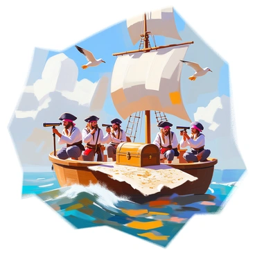 A pirate crew is busy aboard a wooden ship as it sails through the open sea. The ship features tall masts with billowing sails, and the crew is dressed in traditional pirate attire, complete with bandanas and eyepatches. Some crew members are peering through telescopes while others are examining a weathered treasure map spread out on a wooden table. The ocean waves are gently rocking the ship, and seagulls are flying overhead, creating a lively atmosphere of adventure and excitement. A treasure chest is partially visible on the deck, hinting at the riches they are seeking. The sky above is bright and clear, indicating a perfect day for a treasure hunt.
