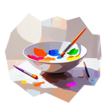 A ceramic bowl shaped to function as a paint palette, filled with a variety of bright colors including vibrant red, sunny yellow, deep blue, and lush green. The bowl is positioned on a wooden table, with splatters of paint around it, suggesting recent use. Small brushes are scattered nearby, some resting against the edge of the bowl, while others lie on the table, hinting at an ongoing creative process. The light reflects off the glossy surface of the bowl, highlighting its intricate glaze work.
