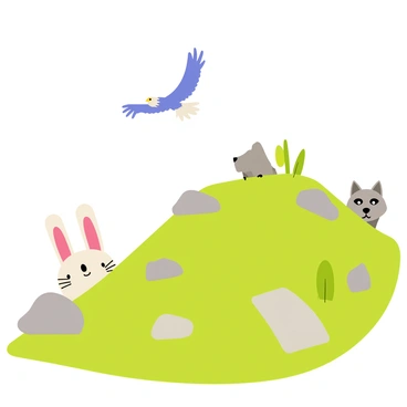 A mountain slope covered in green grass and scattered gray rocks. A fluffy white rabbit is partially hidden behind a rock, its ears perked up and eyes wide. Above, a majestic eagle is soaring through the blue sky, its wings fully extended. In the distance, a gray wolf is lurking behind a few bushes, its gaze focused on the rabbit.