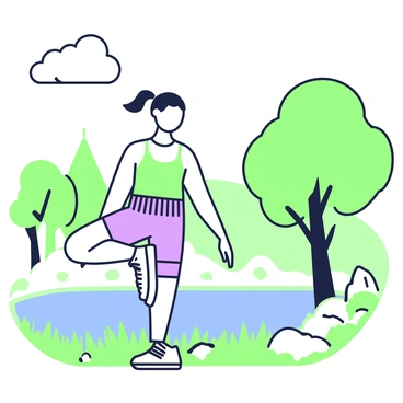 An individual is stretching their quadriceps standing by a lake. The person is wearing athletic clothing, including a fitted shirt and shorts. Their left leg is bent, and the foot is grasped by their left hand, showcasing the stretching posture. The lake reflects nearby trees, creating a mirrored effect on the water's surface. Surrounding the scene, there are green grasses and some scattered rocks along the shoreline. A few fluffy clouds are visible in the sky above.