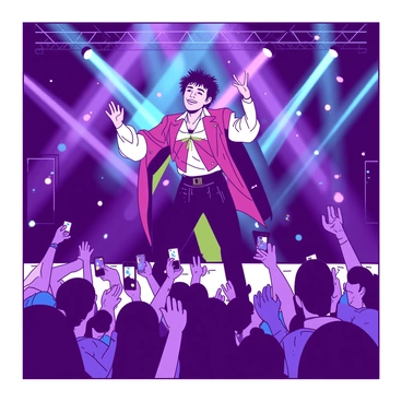 Sukuna is standing confidently on stage, dressed in a striking outfit that highlights his unique appearance. His hands are raised as he engages with the audience, showing a charismatic expression. The background is filled with vibrant lights in multiple colors illuminating the stage and creating a dynamic atmosphere. An enthusiastic crowd is gathered in front, some waving their hands and cheering, while others are holding up smartphone lights, capturing the moment. The energy of the performance radiates through the scene, showcasing the excitement and connection between Sukuna and his fans.