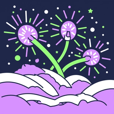 Wave lines in various patterns are bursting outward to create the effect of fireworks in the night sky. The lines radiate from several central points, each creating a distinct shape. Some lines are curved, while others are angular, forming a dynamic display. Tiny circles and star-like shapes are scattered throughout the scene, enhancing the feeling of celebration. The background is filled with dark spaces representing the night, providing contrast to the vibrant display of shapes and lines.