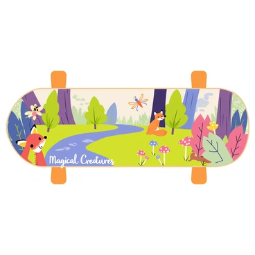 A vibrant fairy tale forest filled with tall, colorful trees and sparkling foliage. In the foreground, a small, mischievous fairy with shimmering wings flutters above a patch of glowing mushrooms. Nearby, a curious fox with a bushy tail peeks out from behind a tree trunk. A gentle stream winds through the scene, reflecting the pastel colors of the sky. In the background, a whimsical dragonfly with iridescent wings hovers over a flower. "Magical Creatures" is inscribed in whimsical lettering along the bottom edge of the skateboard deck.
