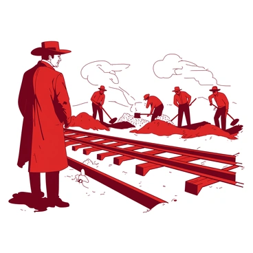 A red Sam Houston stands on a slight elevation, wearing a period-appropriate coat and a wide-brimmed hat, closely observing the construction of a railway line. His expression is focused and engaged. In the background, several workers are actively digging and laying down rails, using traditional tools such as shovels and pickaxes. Dust rises around them, highlighting their movement and effort. The setting features wooden beams and piles of gravel scattered throughout the area, creating a dynamic construction scene.