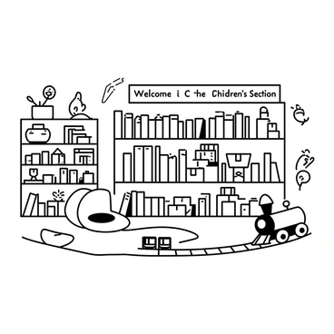 A children's section in a bookstore featuring low shelves filled with various books. The shelves are arranged in a playful manner, creating a bright and inviting atmosphere. There are whimsical decorations around, including illustrations of animals and plants on the walls. Cozy reading nooks are set up with soft cushions and small tables for children to sit. A small wooden train set is on the floor, inviting children to play and explore. "Welcome to the Children's Section" is written on a sign above the area.