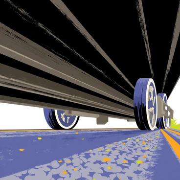 A view from underneath a railway bridge, providing a perspective of large metal structure above. The focus is on the train wheels as they pass overhead, featuring shiny silver rims and black rubber tires. The background shows the heavy, textured beams of the bridge, with some rust and wear visible. The ground beneath the bridge is lined with gravel, and scattered pieces of track can be seen. Light filters through the gaps of the bridge, casting shadows on the ground below, creating a dynamic interplay between light and darkness.