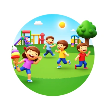 A group of children playing in a park. One child is holding a "gluten-free ice cream cone" with a bright scoop of ice cream. The other children are laughing and running around. The park features green grass and colorful playground equipment in the background. Some trees provide shade, and a sunny sky is visible overhead.