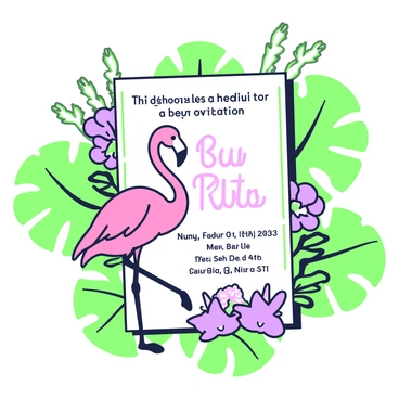 An invitation card featuring a vibrant tropical theme. The background is filled with large, lush leaves that extend across the entire card. In the center, there is an illustration of a flamingo standing gracefully on one leg. The flamingo is depicted with a curved neck and its wings slightly open, showcasing its elegant form. Surrounding the flamingo are smaller tropical flowers and additional foliage, adding to the lively atmosphere of the invitation. The text is framed by the large leaves, creating a harmonious layout that invites the recipient to a tropical event.