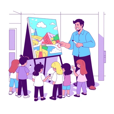 An artist with a bright blue shirt is standing beside a large canvas displaying a colorful painting. The painting features a vibrant scene filled with various abstract shapes and patterns. The artist is animatedly pointing at different sections of the painting while smiling. A group of curious children, with varying hairstyles and clothing colors, are gathered around, listening intently with expressions of wonder and curiosity. Some of the children are holding small sketchbooks and pencils, ready to draw their interpretations of the artwork. The art gallery has white walls and soft lighting, creating a welcoming atmosphere for creativity and exploration.