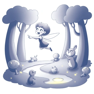 A cartoon fairy with delicate wings is flying through a forest filled with oversized, whimsical trees. The fairy has a joyful expression, and she is surrounded by several animal friends, including a small rabbit, a curious squirrel, and a colorful bird. The forest has glowing plants and mushrooms illuminating the path, casting light on the characters as they explore this enchanting environment. The fairy is pointing towards a shimmering pond, while her animal friends are curiously gazing at the surroundings. The atmosphere is lively, with dynamic interactions between the fairy and her companions.