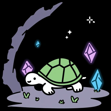 A turtle exploring a mysterious cave with glowing crystals