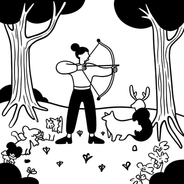 An archer surrounded by curious woodland creatures in a fairy tale forest