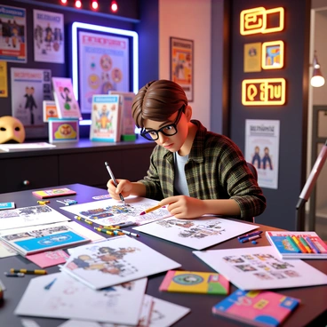 An artist designing an eye-catching poster for a Broadway musical