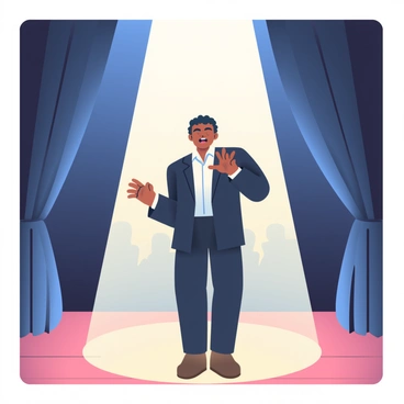 A dramatic theater stage is set, with dark curtains drawn back to reveal a wooden floor. Center stage, a single actor with short, curly black hair is illuminated by a bright spotlight. The actor is wearing a fitted black suit and a white shirt, with expressive hand gestures as they deliver a powerful monologue. Their facial expression is intense, conveying deep emotion. In the background, faint outlines of set pieces hint at a classic theater environment, while the audience area is dimly lit, creating a sense of focus on the performer.