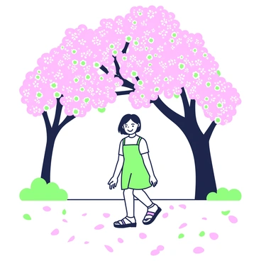 A girl with short hair is walking along a pathway covered with fallen pink petals. She is wearing a light summer dress and sandals. Above her, a canopy of blooming cherry blossoms creates a vibrant arch of flowers. The branches are rich with clusters of blossoms that extend overhead. Sunlight filters through the petals, casting soft shadows on the ground. The girl is smiling as she walks, surrounded by the beauty of the flowering trees.