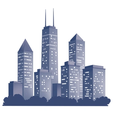 A city skyline at nighttime featuring a variety of towering skyscrapers. The buildings have unique architectural designs, with some having sharp angles and others with rounded edges. The windows of the skyscrapers are illuminated, creating a pattern of lights that twinkle against the dark sky. The foreground includes silhouettes of smaller structures or trees, adding depth to the scene. The overall composition captures the essence of an urban environment bustling with energy.