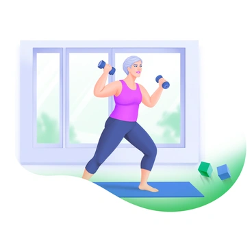 An elderly person is standing in a well-lit room while performing a modified reverse fly exercise. They are holding light weights in each hand, with their arms extended out to the sides, showcasing their concentration and effort. The individual has gray hair, wears comfortable athletic clothing, and displays a determined expression. In the background, there is a large window allowing soft, natural light to flood the space, and a yoga mat is placed on the floor beneath them.