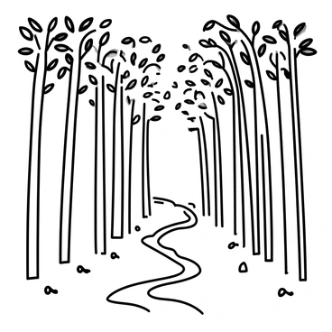 A dense forest filled with tall, slender trees. The bark of the trees has a rough texture, and the leaves create a canopy overhead. Intricate tree roots twist and curl above the ground, intertwining with each other. Light filters through the leaves, casting dappled shadows on the forest floor, which is covered with soft moss and fallen leaves. A small clearing in the scene reveals a glimpse of a winding path leading deeper into the forest.