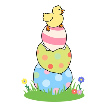 A small yellow chick with fluffy feathers is climbing a colorful stack of oversized Easter eggs. The chick has a determined expression on its face as it scales the vibrant, painted eggs that are arranged in a pyramid shape. Each egg features playful designs in pastel colors, such as polka dots, stripes, and floral patterns. The base of the stack is covered in bright green grass, and a few colorful flowers are scattered around. The scene has a cheerful and lively atmosphere, capturing the adventurous spirit of the brave chick.