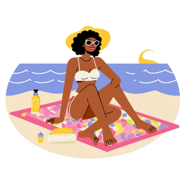 A black woman with curly hair is sitting on a colorful beach towel. She is wearing a wide-brimmed sunhat and stylish sunglasses. The ocean is visible in the background, with gentle waves rolling towards the shore. The sky is bright blue, and the sun is shining down, creating a warm atmosphere. Next to her, there is a bottle of sunscreen and a small beach bag. The beach towel features vibrant patterns, adding to the cheerful beach scene.