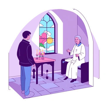 A person wearing a dark blue jacket is standing in a quiet, private church alcove, speaking to a pastor in a white robe. The pastor, with gray hair and a warm expression, is seated on a wooden pew. Soft light filters through a stained glass window, casting colorful patterns on the stone floor. There are flickering candles placed on a small altar adorned with flowers in shades of pink. The atmosphere is calm, inviting an intimate conversation.